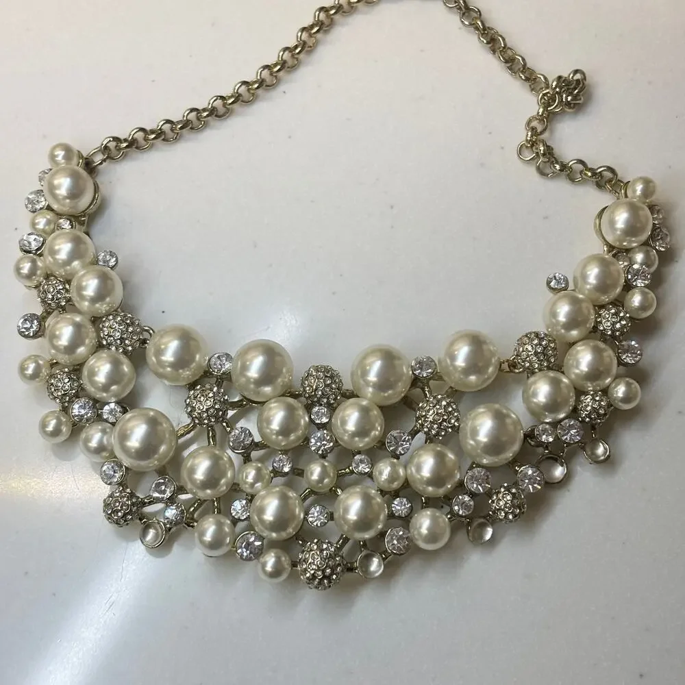 Faux Pearl Rhinestone Statement Bib Necklace Gold Sparkly Old Hollywood 18